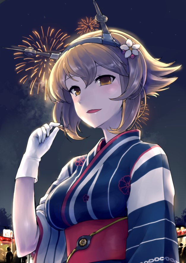 1girl alternate_costume breasts brown_eyes brown_hair commentary_request ebizome festival fireworks flower gloves hair_flower hair_ornament headgear japanese_clothes kantai_collection kimono looking_at_viewer mutsu_(kantai_collection) night night_sky obi open_mouth outdoors sash shiny shiny_hair short_hair sky smoke solo striped_kimono white_gloves wide_sleeves yukata