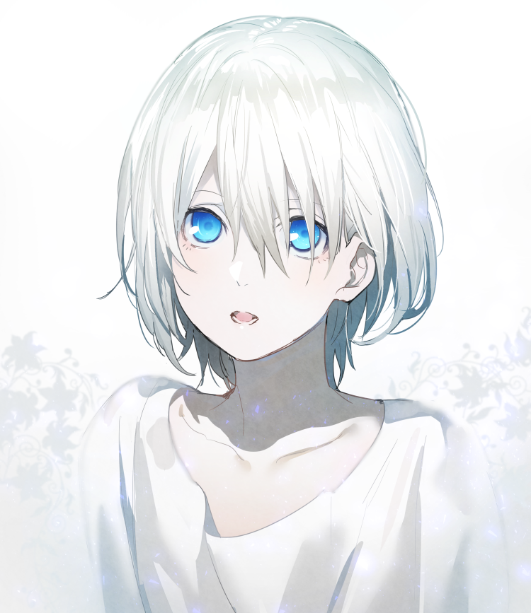 androgynous blue_eyes erubo hair_between_eyes open_mouth solo white_hair