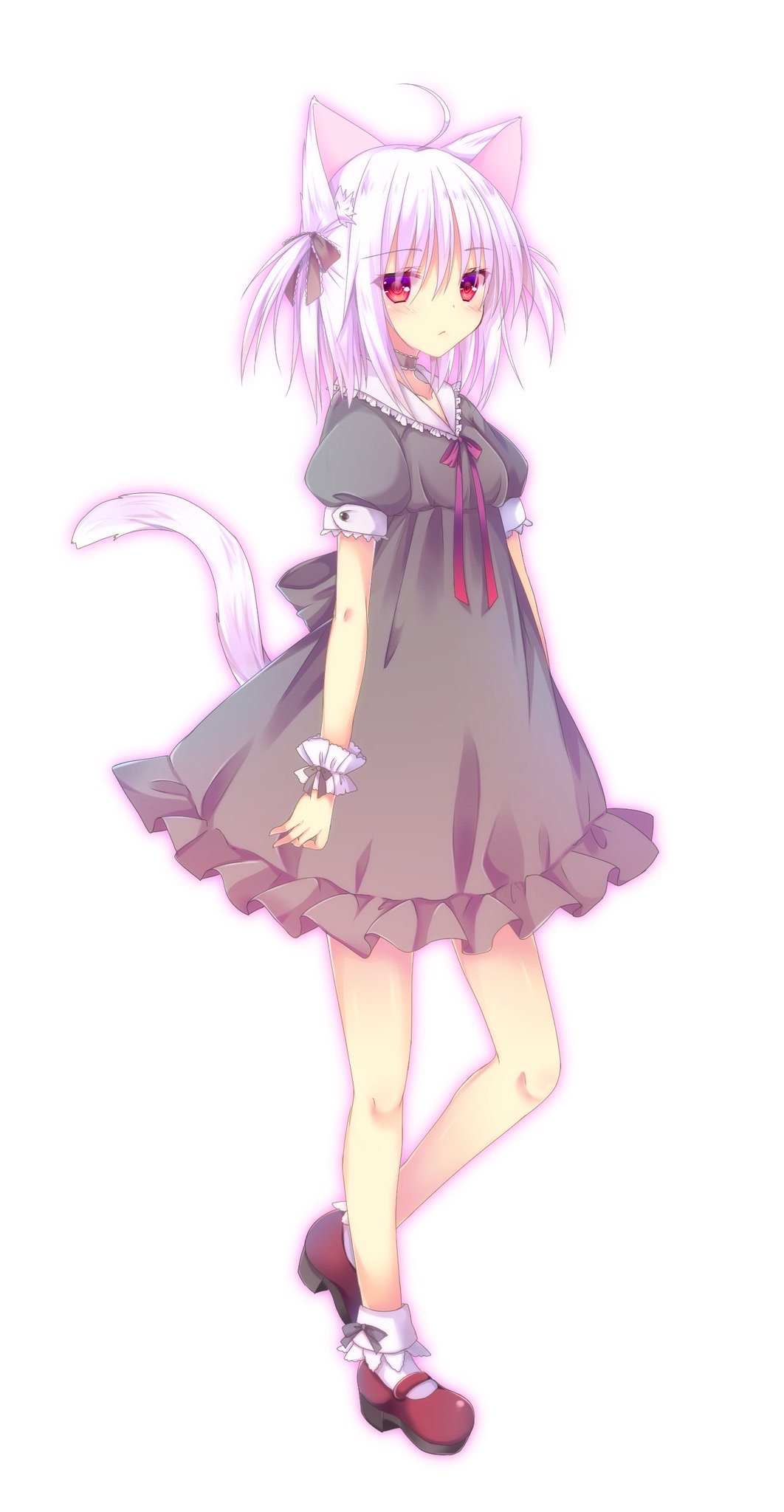 1girl :&lt; ahoge animal_ears black_bow black_dress blush bow cat_ears cat_tail choker dress highres looking_at_viewer nyanyahinaichigo original puffy_short_sleeves puffy_sleeves purple_hair red_bow red_eyes red_ribbon red_shoes ribbon shoes short_sleeves simple_background solo tail wrist_cuffs