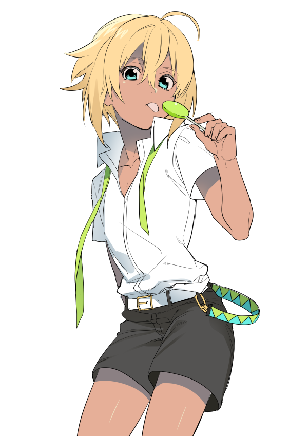 1boy ahoge blue_eyes candy dark_skin erubo lollipop simple_background tongue tongue_out white_background