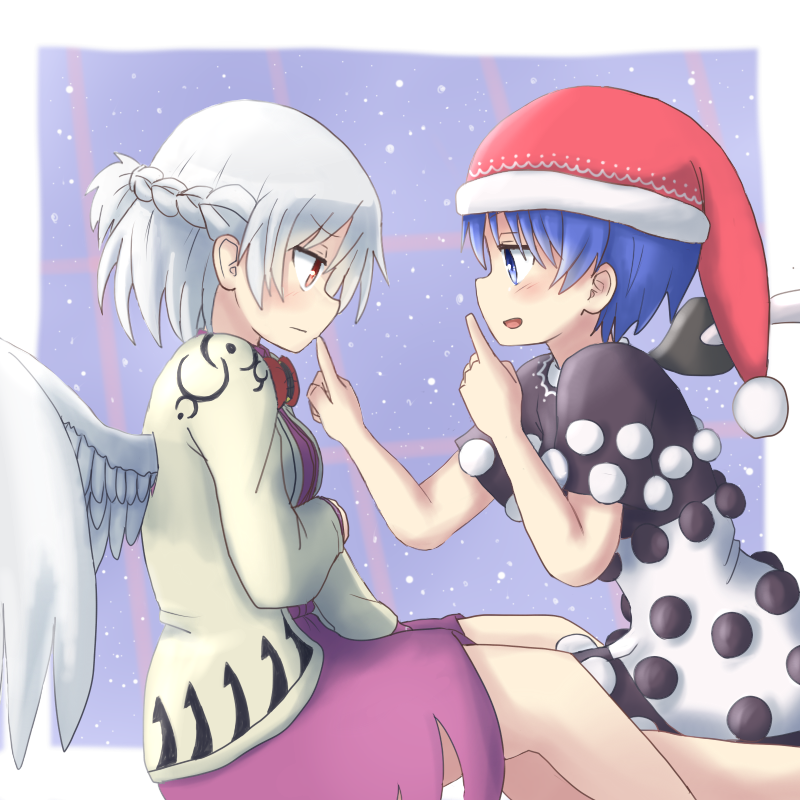 2girls between_legs blue_background blue_hair blush braid dadamori doremy_sweet dress expressionless finger_to_another's_mouth finger_to_mouth french_braid hat jacket kishin_sagume light_particles looking_down multiple_girls nightcap open_clothes open_jacket open_mouth pom_pom_(clothes) profile purple_dress red_eyes short_hair silver_hair single_wing sitting tapir_tail touhou wariza wings
