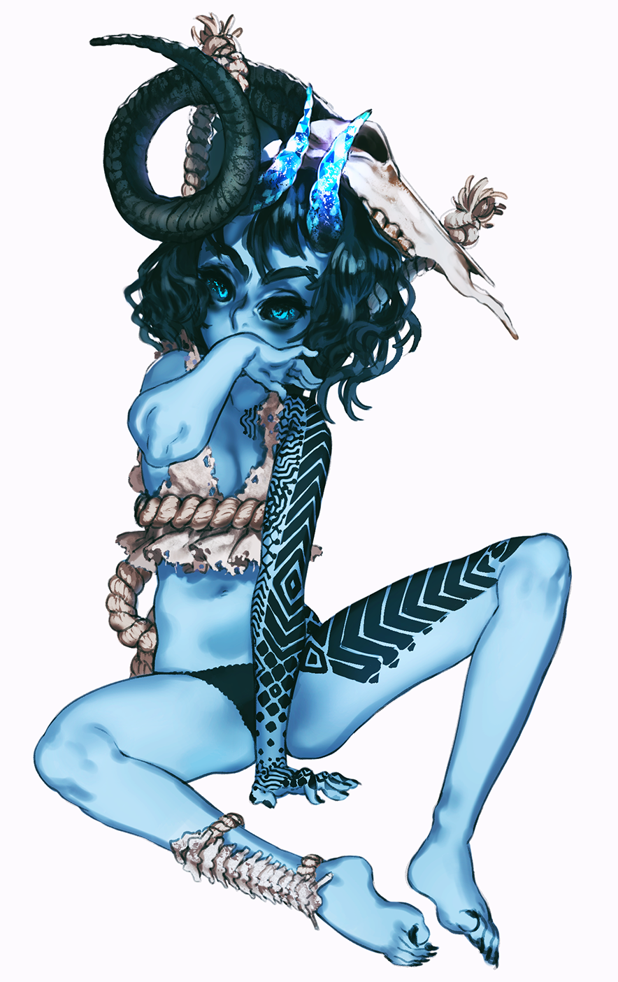 1girl arm_tattoo barefoot between_legs black_hair blue_eyes blue_sclera blue_skin claws crop_top curled_horns greaves hand_between_legs highres knees_apart_feet_together leg_tattoo looking_to_the_side messy_hair oni_horns original pachyphytum panties rope simple_background single_greave sitting skull_helmet solo stone_horns tattoo underwear white_background wiping_mouth