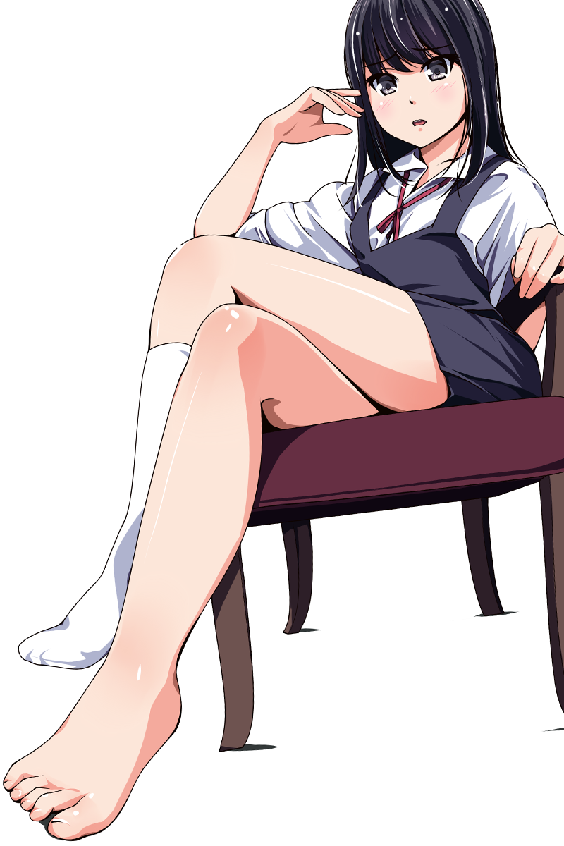 1girl barefoot black_eyes black_hair blush chair crossed_legs highres kneehighs long_hair looking_at_viewer matsunaga_kouyou original school_uniform short_hair simple_background single_kneehigh sitting solo toes white_background