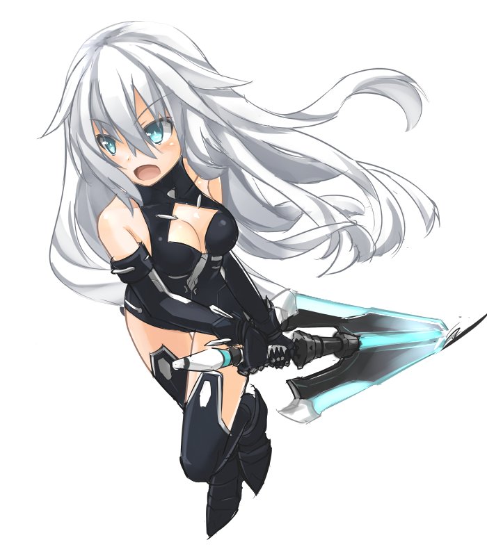 1girl bare_shoulders black_heart blue_eyes breasts cleavage gloves leotard long_hair looking_at_viewer neptune_(series) noire solo sword symbol-shaped_pupils weapon white_hair