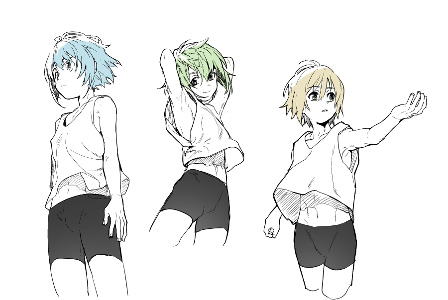 3boys arms_behind_head bike_shorts blue_hair brown_hair erubo green_hair multiple_boys navel outstretched_arm short_hair simple_background smile tank_top white_background