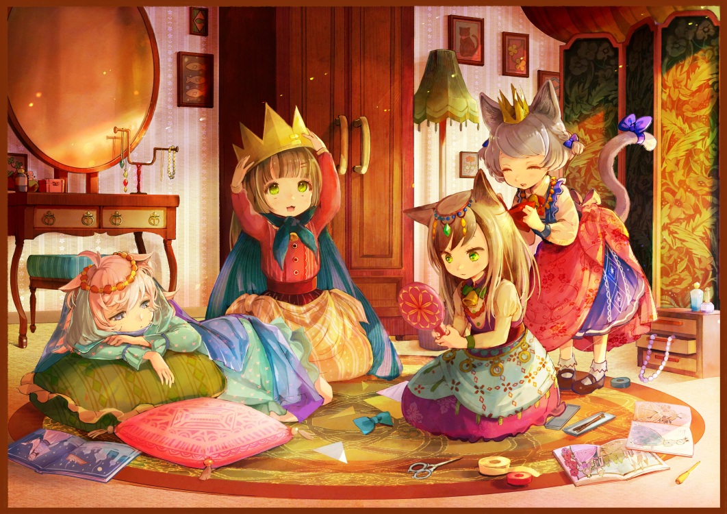 4girls adjusting_clothes adjusting_hat ahoge animal_ears beads blue_eyes book border bottle bow brown_hair cape cat_ears cat_tail child closed_eyes commentary crown desk drawer dress green_eyes hair_bow hairdressing hand_mirror hat head_rest headdress indoors jewelry lamp light_particles long_hair looking_at_another lying mirror multiple_girls necklace on_side open_mouth original painting_(object) perfume_bottle pillow pink_hair playing princess rug scissors short_hair sitting smile stool tail tail_bow tape tati_tachiko