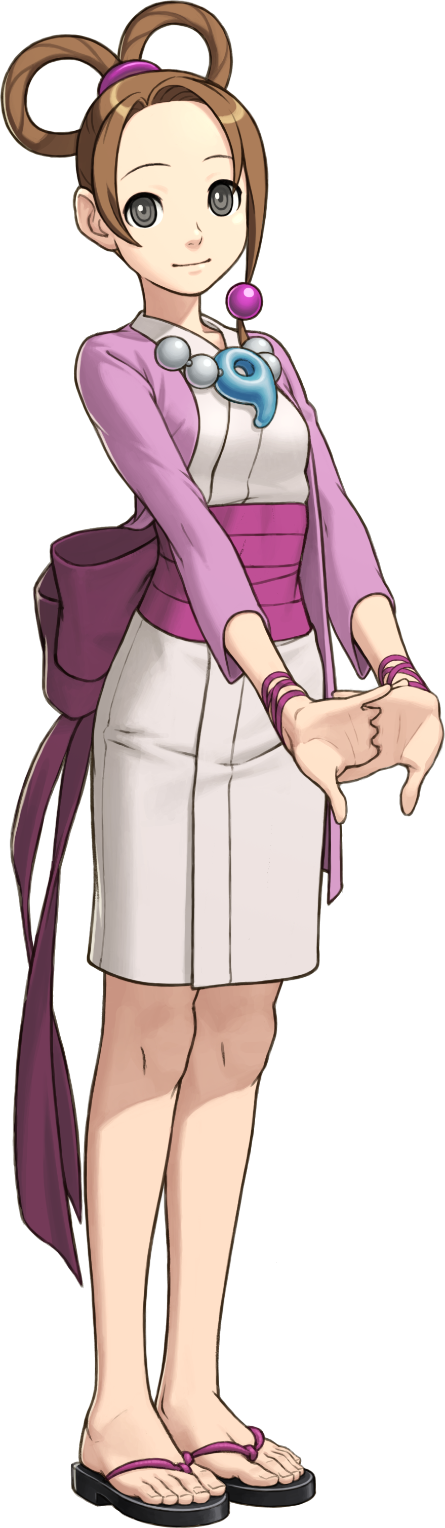 1girl absurdres ayasato_harumi bead_necklace beads brown_hair full_body fuse_takuro grey_eyes gyakuten_saiban gyakuten_saiban_5 hair_ornament hair_rings highres japanese_clothes jewelry looking_at_viewer magatama necklace official_art sandals short_hair skirt smile solo standing white_background