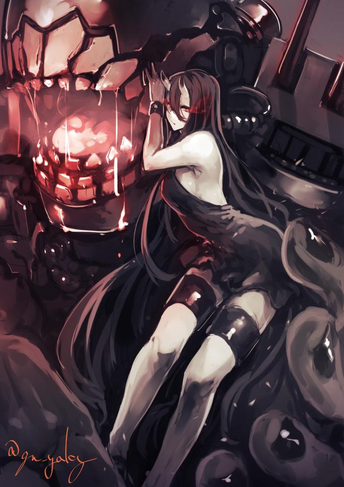 1girl armpits artist_name battleship_hime black_dress black_hair black_nails breasts closed_mouth dress from_side giant glowing glowing_eyes kantai_collection kyouya_(mukuro238) large_breasts long_hair looking_at_viewer monster nail_polish oni_horns open_mouth pale_skin red_eyes saliva shinkaisei-kan short_dress sideboob solo teeth turret very_long_hair white_skin