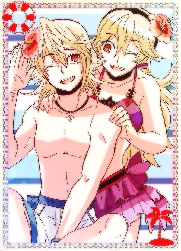 1boy 1girl artist_name bangs bikini bikini_skirt blonde_hair border bra brother_and_sister corrin_(fire_emblem) corrin_(fire_emblem)_(female) corrin_(fire_emblem)_(male) cute dragon_boy dragon_girl dual_persona elf female_my_unit_(fire_emblem_if) female_swimwear fire_emblem fire_emblem_fates fire_emblem_heroes fire_emblem_if flower hairband hands_on_another's_shoulders hibiscus intelligent_systems jewelry kamui_(fire_emblem) kiriya_(552260) male_my_unit_(fire_emblem_if) male_swimwear my_unit_(fire_emblem_if) navel necklace nintendo one_eye_closed open_mouth red_eyes shadow shirtless sidelocks sitting summer swim_trunks swimsuit swimwear symbol underwear