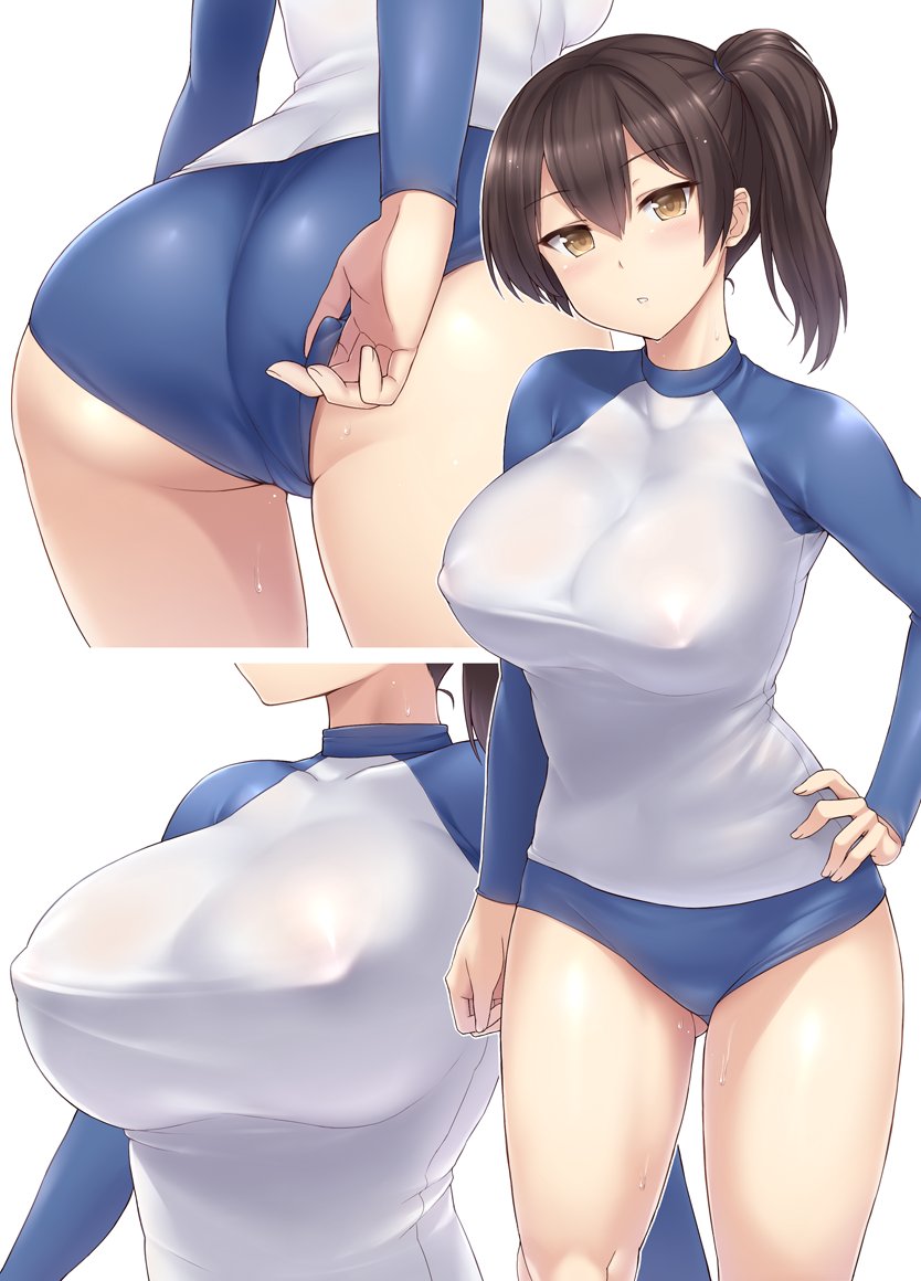1girl :o alternate_costume ass ass_visible_through_thighs black_hair blush breasts brown_eyes clothes_pull covered_nipples cowboy_shot hand_on_hip impossible_clothes kaga_(kantai_collection) kantai_collection large_breasts leotard long_sleeves looking_at_viewer multiple_views pulled_by_self sama_samasa see-through_silhouette side_ponytail solo sweat