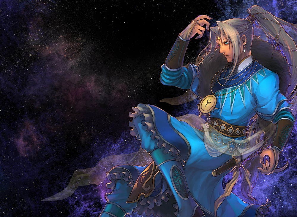 1boy beads blue_(saga_frontier) blue_boots blue_clothes boots bracer earrings hair_beads hair_ornament jewelry light_brown_hair male_focus necklace ponytail saga saga_frontier sheath sheathed silk solo space tokinohiyoko