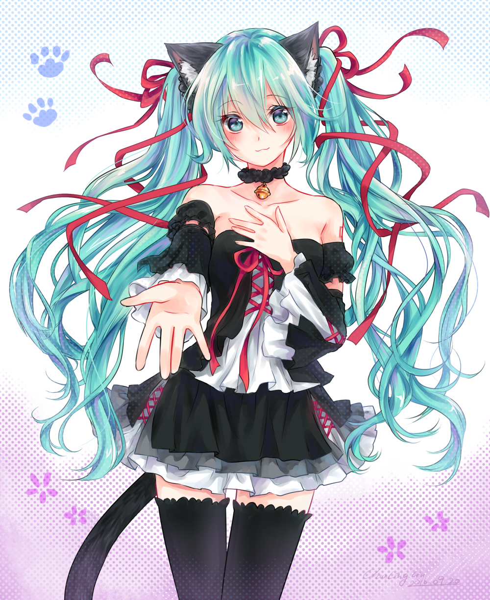 1girl :3 animal_ears bare_shoulders bell bell_choker black_legwear blush borrowed_character borrowed_design breasts cat_ears cat_tail choker commentary_request dress green_eyes green_hair hair_ribbon hatsune_miku highres jingle_bell kemonomimi_mode liu_chun-ling multicolored_hair outstretched_hand ribbon silver_hair small_breasts solo strapless strapless_dress tail thigh-highs two-tone_hair vocaloid zettai_ryouiki