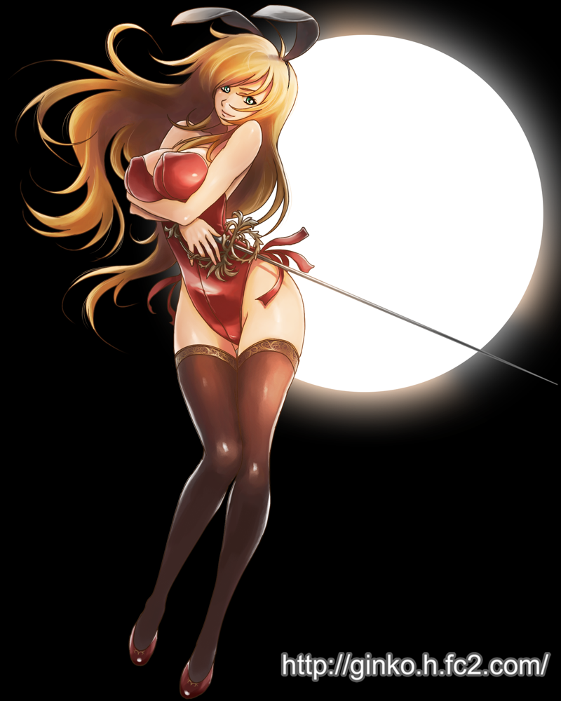 1girl animal_ears backlighting bangs bare_shoulders black_background blonde_hair breast_rest breasts brown_legwear bunny_girl bunnysuit cleavage covered_nipples full_moon ginko_(silver_fox) green_eyes hips large_breasts long_hair moon moonlight original rabbit_ears rapier red_shoes shiny shiny_clothes shiny_skin shoes smile solo sword thigh-highs thighs very_long_hair watermark weapon web_address wind