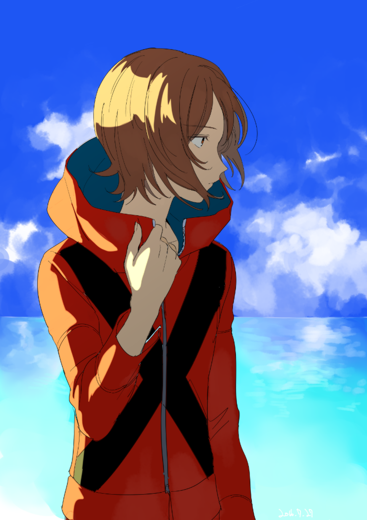 1boy aimai-me brown_eyes brown_hair hood hoodie male_focus ocean persona persona_2 sky solo suou_tatsuya