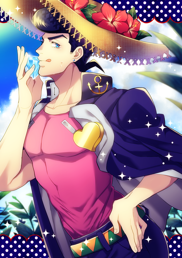 1boy adam's_apple anchor_symbol aqua_eyes collarbone diamond earrings flower gakuran hand_on_hip hat hat_flower heart higashikata_jousuke jacket_on_shoulders jewelry jojo_no_kimyou_na_bouken male_focus muscle pectorals pin plant pompadour profile purple_hair school_uniform shiron_(shiro_n) smile solo stud_earrings sun_hat tongue tongue_out upper_body zipper