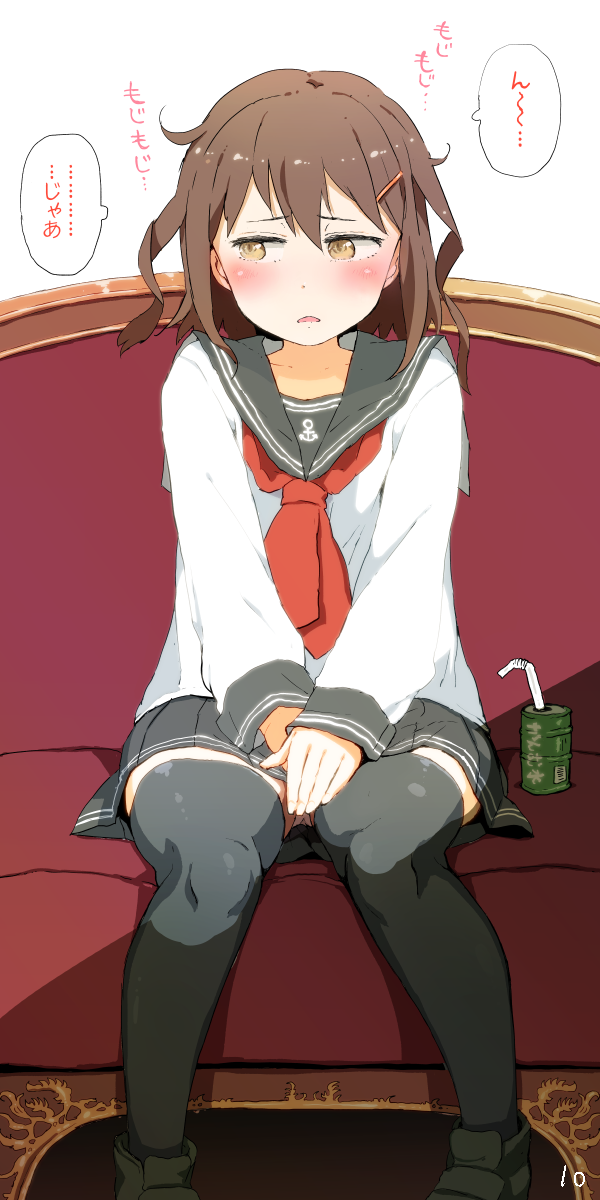 1girl bangs between_legs blush brown_eyes brown_hair can comic couch covering covering_crotch gomennasai hair_between_eyes hair_ornament hairclip hand_between_legs highres ikazuchi_(kantai_collection) kantai_collection looking_to_the_side neckerchief panties pantyshot pantyshot_(sitting) pleated_skirt school_uniform serafuku short_hair sitting skirt straw tears thigh-highs translation_request underwear upskirt