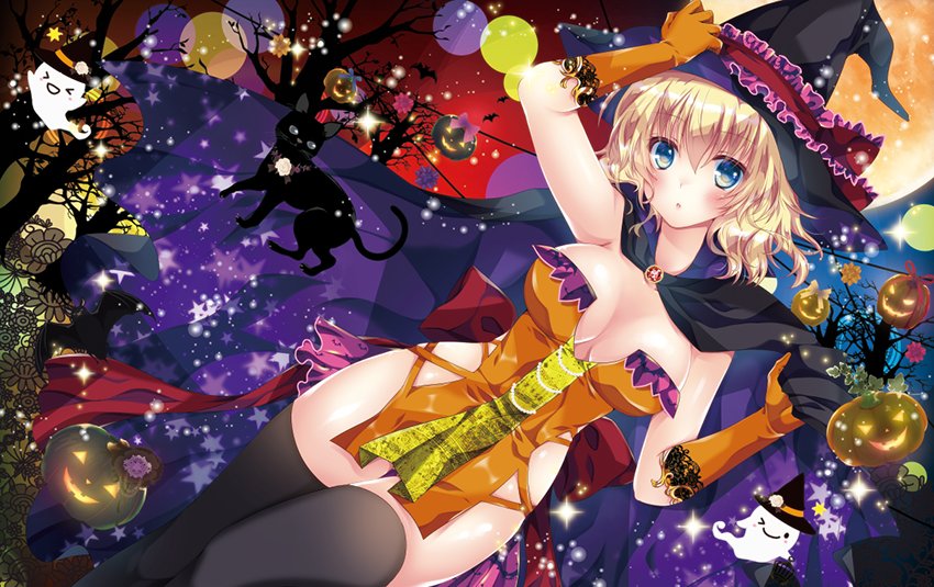 &gt;_&lt; 1girl :d :o ;) adjusting_clothes adjusting_hat alice_margatroid alternate_costume ass_visible_through_thighs black_cape black_cat black_hat black_legwear blonde_hair blue_eyes blush bow breasts cape cat cleavage closed_eyes dress female full_moon ghost gloves halloween halloween_costume hat jack-o'-lantern lace lace-trimmed_gloves large_breasts looking_at_viewer moon one_eye_closed open_mouth orange_dress orange_gloves pekopokox pelvic_curtain red_bow short_dress short_hair smile solo sparkle star thigh-highs touhou tree_shade witch_hat xd