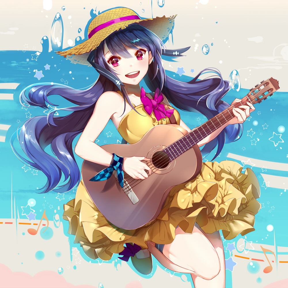 1girl :d acoustic_guitar bare_shoulders blush bow breasts checkered dress guitar hair_ornament hairclip hat instrument leg_up long_hair looking_at_viewer medium_breasts music musical_note open_mouth phino pink_bow pink_eyes playing_instrument purple_hair quaver shoes sleeveless sleeveless_dress smile solo star straw_hat thigh_strap vocaloid water_drop xin_hua yellow_dress yellow_shoes