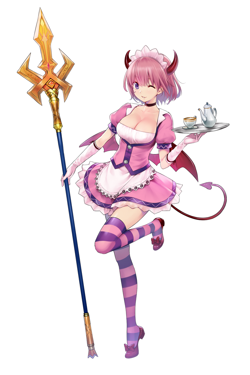 1girl artist_request breasts character_request choker cleavage copyright_request cup demon_girl demon_horns demon_tail demon_wings dress full_body gloves headdress highres holding holding_weapon horns large_breasts leg_lift parted_lips pink_hair polearm short_hair short_sleeves skirt solo spear striped striped_legwear tail teacup teapot thigh-highs tray violet_eyes weapon white_background wings