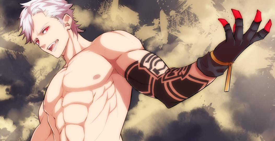 1boy abs arm_tattoo eve_(nier_automata) from_below gloves looking_at_viewer male_focus muscle nier nier_automata nipples open_mouth red_eyes shirtless short_hair solo solo_focus spiky_hair tattoo white_hair