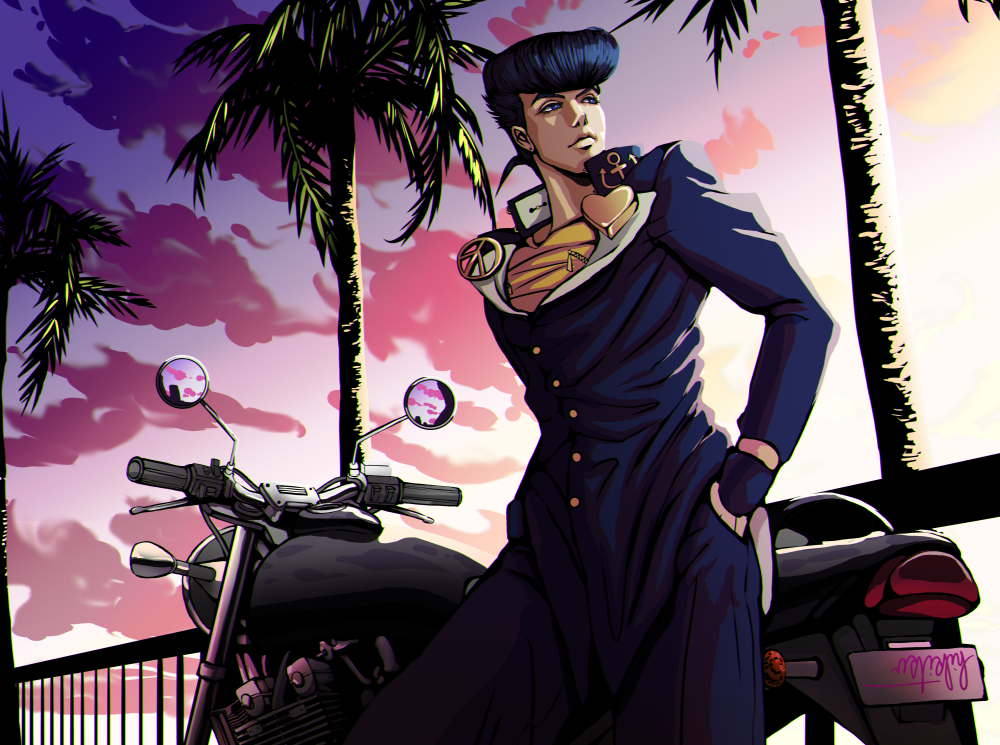 1boy anchor_symbol blue_hair clouds ground_vehicle hand_in_pocket heart higashikata_jousuke hikitsu_juusou jojo_no_kimyou_na_bouken looking_away male_focus mirror motor_vehicle motorcycle palm_tree peace_symbol pompadour railing sky solo sunset tree zipper