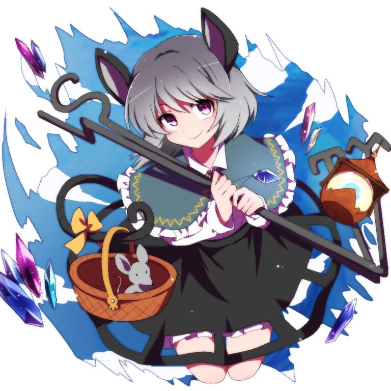 1girl animal_ears basket bent_knees bishamonten's_pagoda black_skirt bow capelet closed_mouth crystal dowsing_rod full_body grey_hair jewelry long_sleeves looking_at_viewer mouse mouse_ears mouse_tail nazrin pendant pink_eyes shirt short_hair skirt smile solo tail tail_bow touhou white_shirt yellow_bow you_(noanoamoemoe)