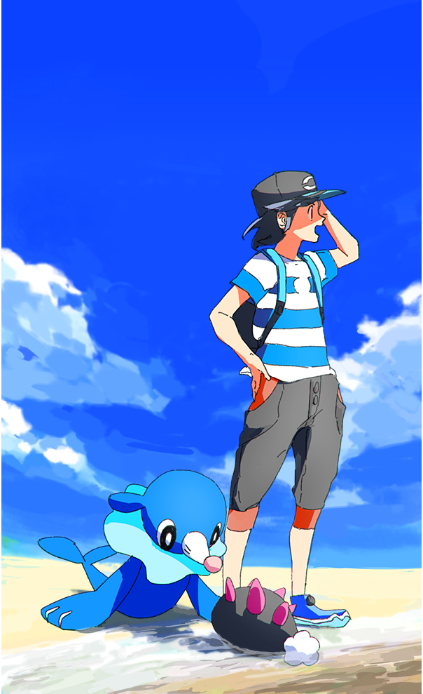 1boy adjusting_hair baseball_cap beach black_hair blue_sky buntatta capri_pants hand_on_hip hat looking_afar male_focus male_protagonist_(pokemon_sm) pants pokemon pokemon_(game) pokemon_sm popplio pyukumuku shirt shore sky smile striped striped_shirt t-shirt