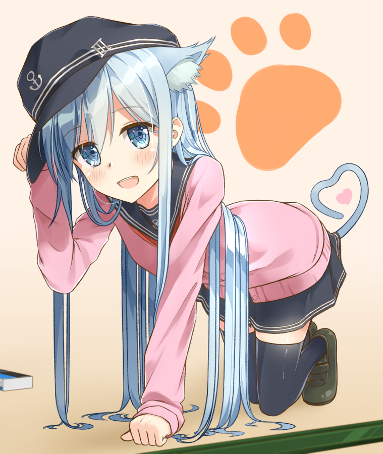 1girl all_fours anchor_symbol animal_ears black_legwear blue_eyes cat_ears cat_tail clenched_hands flat_cap footprints habu. hair_between_eyes hat heart heart_tail hibiki_(kantai_collection) kantai_collection kemonomimi_mode looking_at_viewer miniskirt open_mouth paw_pose pink_background pink_sweater pleated_skirt school_uniform serafuku skirt solo sweater tail thigh-highs