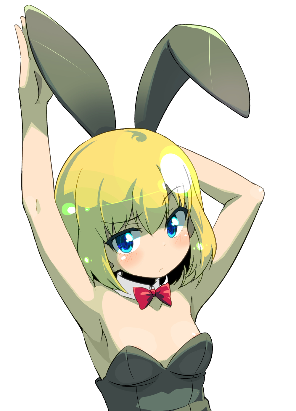 1girl animal_ears armpits arms_up blonde_hair blue_eyes blush bow bowtie bunny_girl bunnysuit detached_collar fake_animal_ears girls_und_panzer highres katyusha leotard looking_at_viewer rabbit_ears short_hair simple_background solo sw white_background