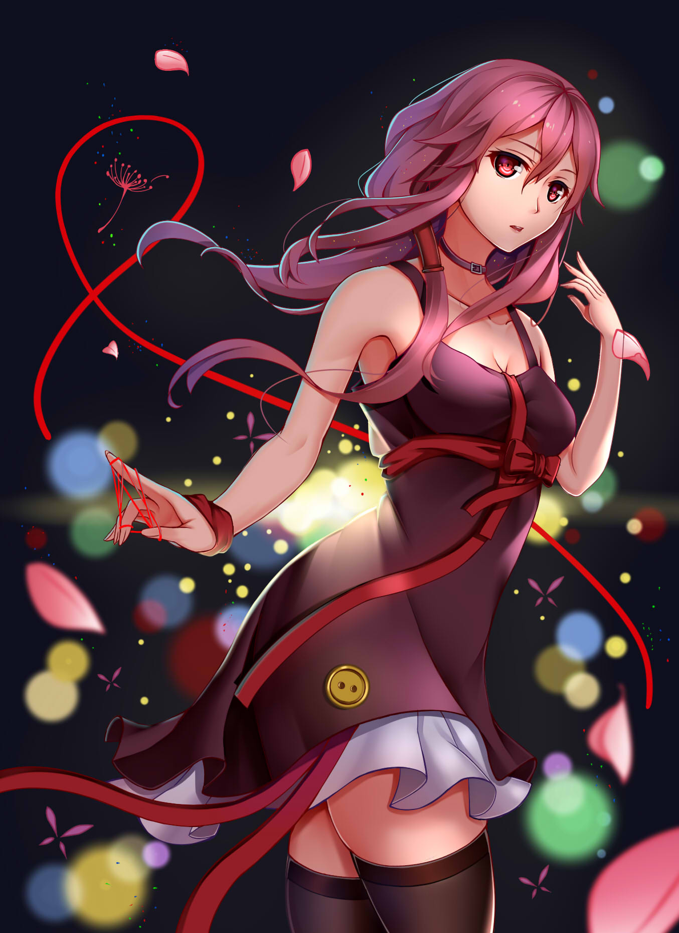 1girl aira5 bare_shoulders black_legwear breasts cat's_cradle choker dress guilty_crown hair_ornament hairclip highres long_hair looking_at_viewer open_mouth pink_hair red_eyes solo string thigh-highs twintails yuzuriha_inori zettai_ryouiki