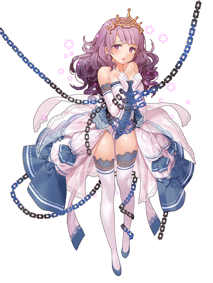 1girl :o artist_request bare_shoulders bdsm bondage bound chain chained character_request copyright_request dress elbow_gloves frown gloves hair_ornament long_hair looking_at_viewer pink_eyes redhead showgirl_skirt simple_background solo star thigh-highs white_background
