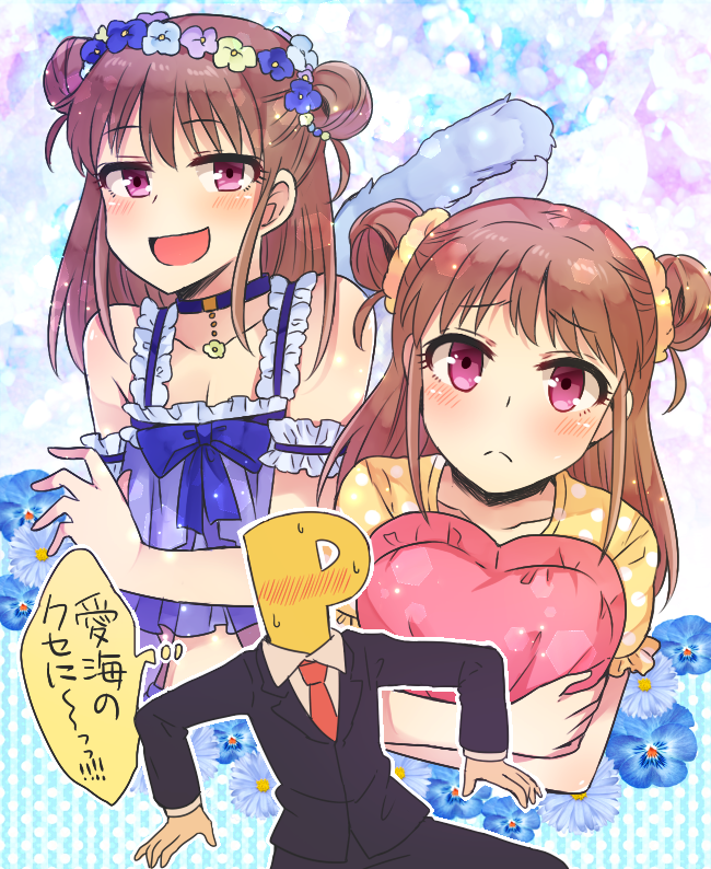:d angel_wings blush bow brown_hair choker double_bun dual_persona floral_background formal frown heart heart_pillow idolmaster idolmaster_cinderella_girls looking_at_viewer munakata_atsumi necktie open_mouth p-head_producer pajamas pillow scrunchie sidelocks smile suit sweat translation_request usameruti violet_eyes wings wreath