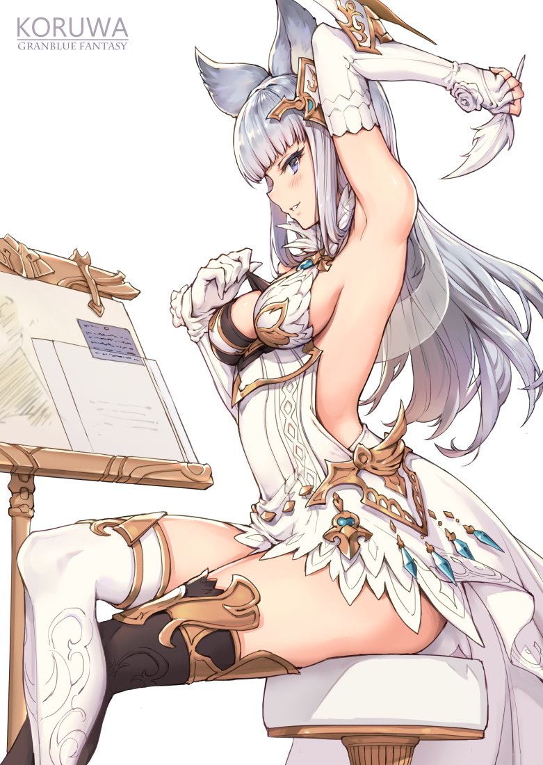 1girl animal_ears arm_behind_head arm_up armpits bangs black_legwear blue_eyes blunt_bangs blush breasts character_name copyright_name crossed_legs dress easel elbow_gloves erun_(granblue_fantasy) from_side gloves gou_(ga673899) granblue_fantasy hair_ornament holding holding_pen korwa long_hair looking_at_viewer looking_to_the_side medium_breasts mismatched_gloves mismatched_legwear open-back_dress profile pulling quill sideboob silver_hair single_fingerless_glove sitting smile solo stool thigh-highs thighs white_background white_dress white_gloves white_legwear