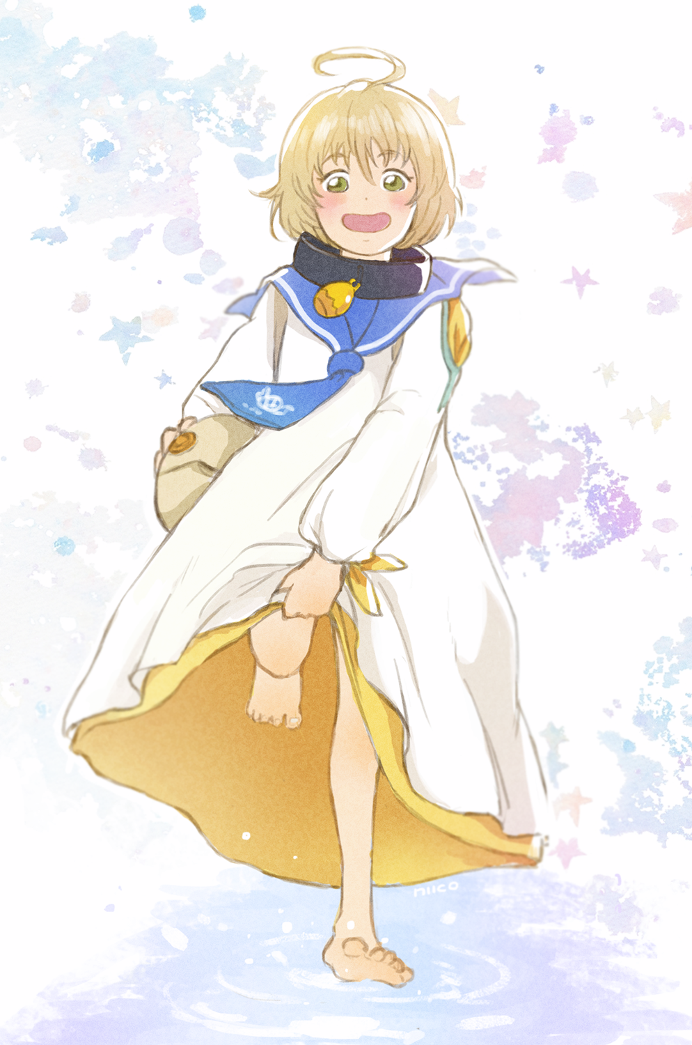 1boy ahoge artist_name bag barefoot blonde_hair blush dress dress_lift eyebrows eyebrows_visible_through_hair full_body highres laphicet_(tales) looking_down male_focus papagenoo smile solo star tales_of_(series) tales_of_berseria water