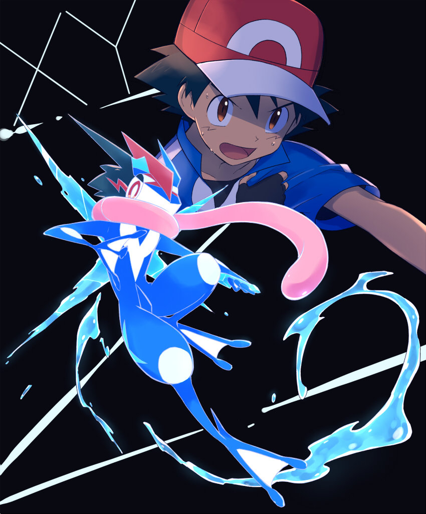 1boy ame_(ame025) ash-greninja ash_ketchum bangs baseball_cap black_background black_gloves black_shirt blue_jacket brown_eyes copyright_name fingerless_gloves gen_6_pokemon gloves greninja hair_between_eyes hat jacket male_focus open_mouth pokemon pokemon_(anime) pokemon_(creature) pokemon_xy_(anime) red_headwear shirt short_hair short_sleeves tongue water_drop wet