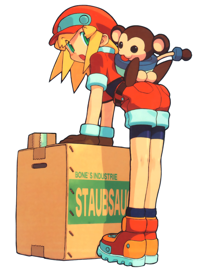 1girl :o arm_support ass box capcom cardboard_box full_body gloves green_eyes hat looking_at_viewer monkey official_art open_mouth rockman rockman_dash roll_caskett short_sleeves shorts simple_background white_background