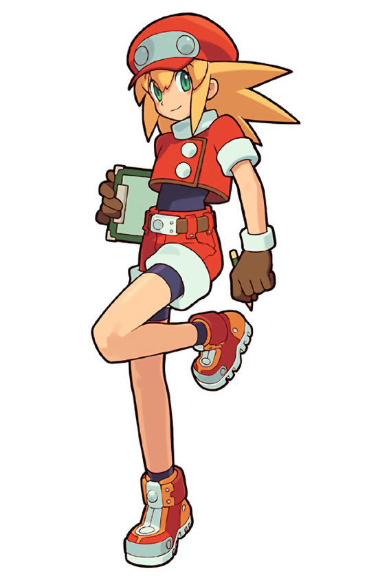 1girl capcom full_body gloves green_eyes hat holding leg_lift looking_at_viewer notepad official_art pencil rockman rockman_dash roll_caskett short_sleeves shorts smile solo