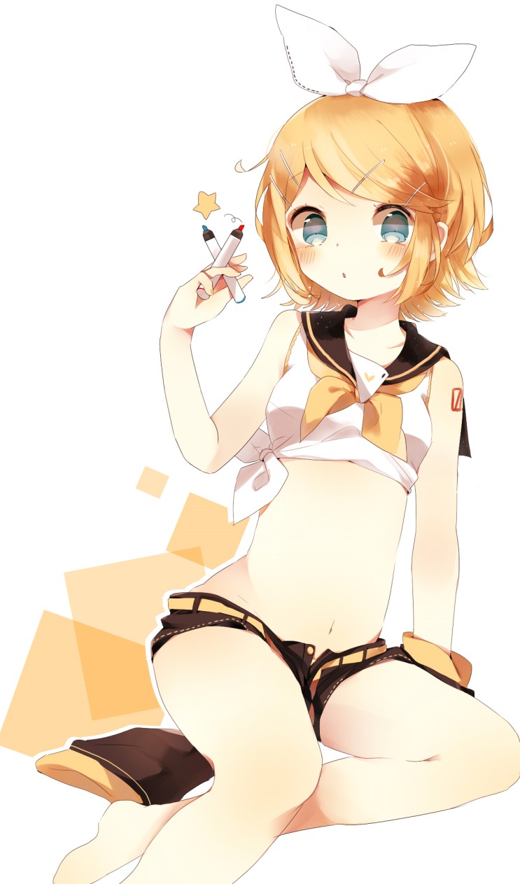 1girl arm_support bangs barefoot black_shorts blonde_hair blue_eyes collarbone crop_top detached_sleeves hair_ornament hair_ribbon hairclip highres holding kagamine_rin looking_at_viewer marker navel niwa_(ejizon) number parted_lips ribbon sailor_collar shirt short_shorts shorts sitting sleeves_removed solo star swept_bangs tied_shirt unbuttoned vocaloid white_background white_ribbon white_shirt
