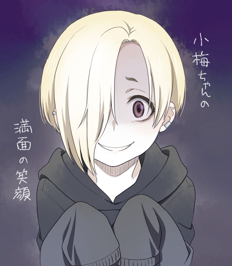 1girl blonde_hair ear_piercing earrings hair_over_one_eye hood hoodie idolmaster idolmaster_cinderella_girls jewelry looking_at_viewer mattaku_mousuke piercing red_eyes shaded_face shirasaka_koume short_hair sleeves_past_wrists smile solo translation_request