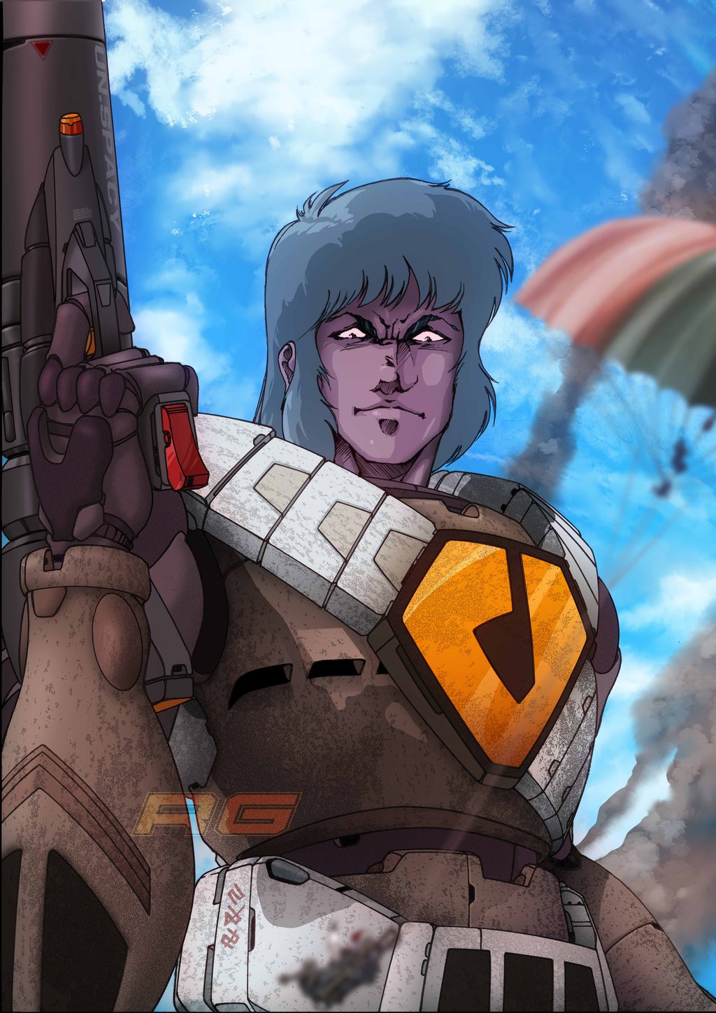 alien angry armor bad_end blurry_vision choujikuu_yousai_macross clouds dagova_(artist) dirty ejection ejection_seat emblem giant grey_hair gunpod helmet highres insignia looking_at_viewer maclone macross motion_blur parachute pilot pilot_suit purple_skin quamzin_kravshera science_fiction smoke spacesuit translation_request u.n._spacy watermark you_gonna_get_raped zentradi