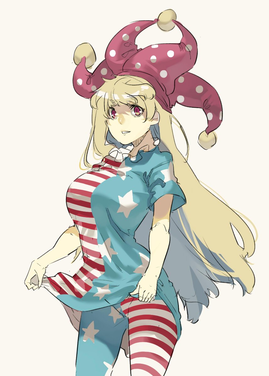 1girl alternate_breast_size american_flag_dress blonde_hair breasts clownpiece cowboy_shot dress dress_lift frilled_shirt_collar frills hat highres jester_cap large_breasts lifted_by_self long_hair looking_at_viewer muneneko no_wings older pantyhose parted_lips polka_dot print_legwear red_eyes short_sleeves smile solo star star_print touhou very_long_hair
