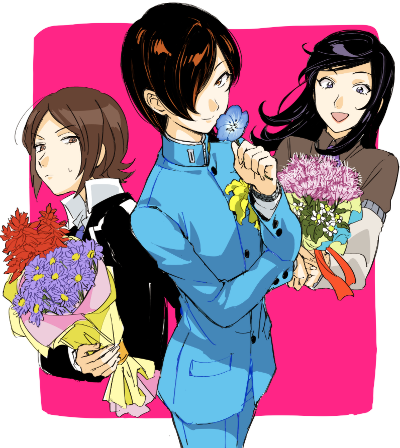 1girl 2boys aimai-me amano_maya black_hair bouquet brown_hair flower kurosu_jun multiple_boys persona persona_2 school_uniform suou_tatsuya