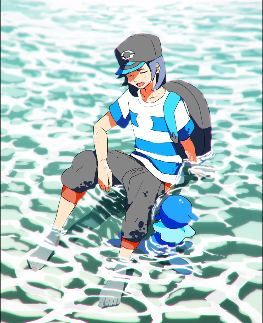 1boy arm_support backpack bag barefoot baseball_cap black_hair buntatta capri_pants closed_eyes hat highres male_focus male_protagonist_(pokemon_sm) open_mouth pants partially_submerged pokemon pokemon_(creature) pokemon_(game) pokemon_sm popplio shirt sitting striped striped_shirt t-shirt water