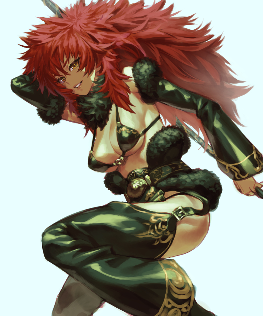 1girl arm_up bare_shoulders belt bikini_top breasts cleavage commentary_request cozy detached_pants detached_sleeves fur_trim holding holding_weapon long_hair looking_at_viewer original polearm redhead simple_background smile solo spiky_hair very_long_hair weapon yellow_eyes