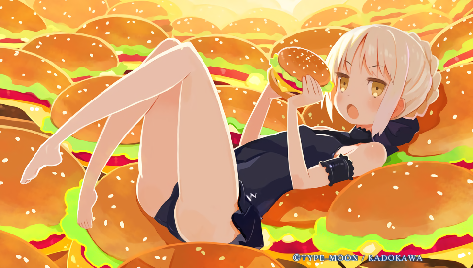 :o arm_garter bare_legs barefoot blonde_hair braid copyright_name fate/stay_night fate_(series) food french_braid hamburger harada_takehito holding open_mouth saber saber_alter too_many yellow_eyes