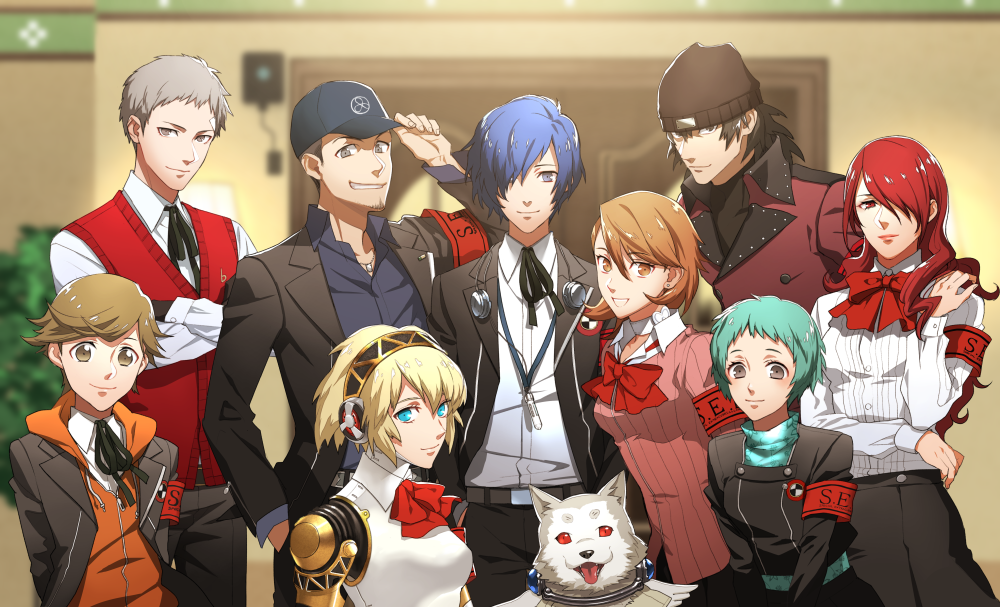 4girls 5boys aegis aegis_(persona) amada_ken android animal anniversary aqua_hair aragaki_shinjirou arisato_minato armband bandaid_on_forehead bangs baseball_cap beard belt belt_buckle black_gloves black_hair black_jacket black_skirt blazer blonde_hair blue_eyes blue_hair blue_shirt blurry bow bowtie breasts brown_eyes brown_hair buckle cardigan choker closed_mouth coat collared_shirt crossed_arms depth_of_field digital_media_player dog dog_tags dress_shirt earrings facial_hair gloves grey_eyes grey_hair group_name hair_over_one_eye hand_in_pocket hand_on_own_shoulder happy hat headphones headphones_around_neck hood hoodie indoors iori_junpei jacket jewelry kirijou_mitsuru koromaru long_hair long_sleeves looking_at_viewer medium_breasts minato_(robin) multiple_boys multiple_girls neck_ribbon one_eye_covered open_blazer open_clothes open_jacket persona persona_3 plant red_bow red_bowtie red_eyes redhead ribbon sanada_akihiko school_uniform shirt short_hair silver_hair skirt smile stubble stud_earrings sweater_vest swept_bangs takeba_yukari taking_picture turtleneck wall white_shirt yamagishi_fuuka yuuki_makoto zipper