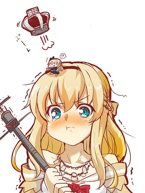 ! 1girl blonde_hair blue_eyes blush commentary crown dress embarrassed eyebrows eyebrows_visible_through_hair jewelry kantai_collection long_hair looking_at_viewer mini_crown off-shoulder_dress off_shoulder simple_background solo spoken_exclamation_mark tanaka_kusao trembling warspite_(kantai_collection) wavy_mouth white_background