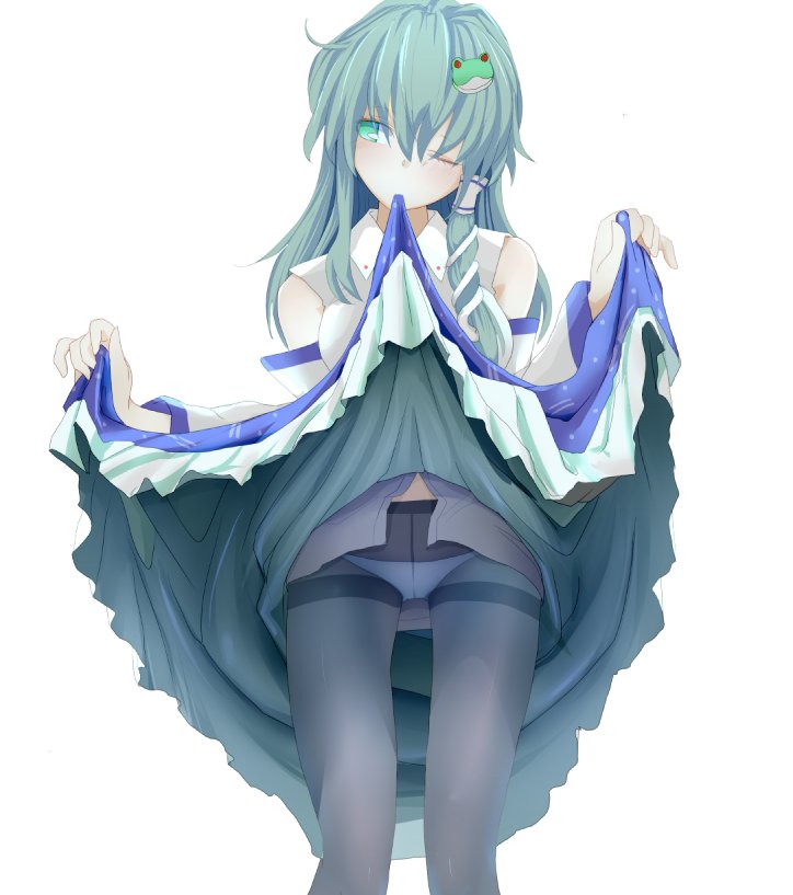 1girl black_legwear blush commentary_request cowboy_shot crotch_seam detached_sleeves frog_hair_ornament green_eyes green_hair hair_ornament hair_tubes head_tilt ishikkoro japanese_clothes kochiya_sanae lifted_by_self long_hair long_sleeves looking_away miko mouth_hold one_eye_closed panties panties_under_pantyhose pantyhose side_glance sidelocks skirt skirt_lift snake_hair_ornament solo thighband_pantyhose touhou underwear
