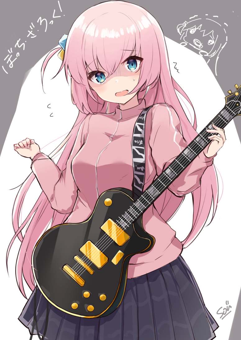 1girl ^^^ bangs black_skirt blue_eyes bocchi_the_rock! breasts chibi commentary_request cube_hair_ornament electric_guitar flying_sweatdrops gotou_hitori grey_background guitar hair_between_eyes hair_ornament holding holding_instrument instrument jacket long_hair medium_breasts multiple_views one_side_up open_mouth pink_hair pink_jacket pleated_skirt shaded_face skirt sou_(soutennkouchi) sweat track_jacket translation_request turn_pale two-tone_background very_long_hair white_background