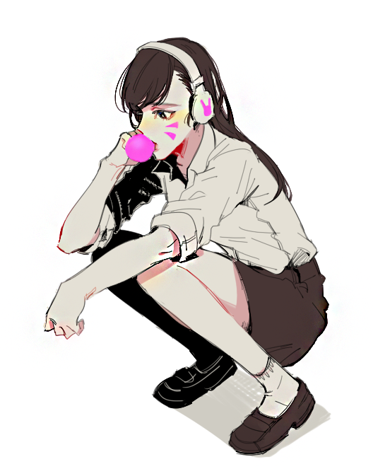 1girl alternate_costume brown_eyes brown_hair brown_shoes brown_shorts bubble_blowing bubblegum bunny_print collared_shirt d.va_(overwatch) facepaint facial_mark gum hand_on_own_cheek headphones kneeling long_hair overwatch shirt shoes short_sleeves shorts simple_background sleeves_rolled_up socks solo whisker_markings white_background white_legwear white_shirt